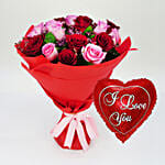 10 Pink & 10 Red Roses Bouquet With I Love You Balloon