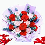 Mixed Flower Bouquet With Red Velvet Heart Shaped Cake