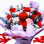Mixed Flower Bouquet With Red Velvet Heart Shaped Cake