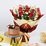 Designer Red Roses Bunch With Chocolate Cake