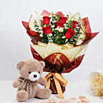 Designer Red Roses Bunch With Teddy Bear