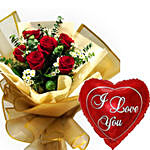 Designer Red Roses Bouquet With I Love You Balloon