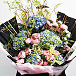 Hydrengea And Boombastic Roses Long Bouquet