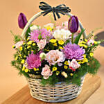 Striking Mixed Flowers Round Basket