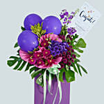 Mixed Flowers Purple Balloons Cardboard Stand