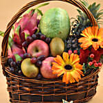 Mixed Flowers & Assorted Fruits Brown Basket