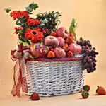 Mixed Red Flowers & Assorted Fruits Oval Basket