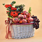 Mixed Red Flowers & Assorted Fruits Oval Basket