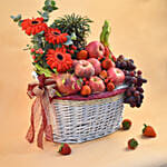 Mixed Red Flowers & Assorted Fruits Oval Basket