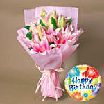 Passionate Oriental Pink Lilies with Birthday Balloon