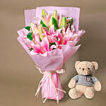 Passionate Oriental Pink Lilies with Teddy Bear