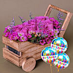 Purple Roses Arrangement with Birthday Balloon