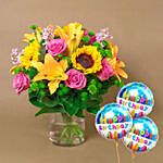 Vivid Flowers Bunch With Birthday Balloons