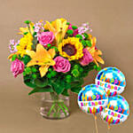 Vivid Flowers Bunch With Birthday Balloons