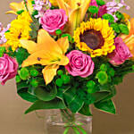Vivid Flowers Bunch With Birthday Balloons