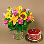 Vivid Flowers Bunch With Mini Cake