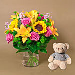 Vivid Flowers Bunch With Teddy Bear