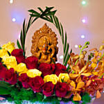 Colourful Flowers N Ganesha Idol Ship Shaped Vase