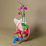 Purple Orchids & Assorted Fruits Basket