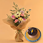 Pleasing Mixed Flowers Bouquet with Chocolate Cake