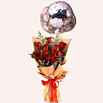 Red Roses & Limonium Beautifully Tied Bouquet with Anniversary Balloon Set