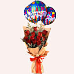 Red Roses & Limonium Beautifully Tied Bouquet with Birthday Balloon Set