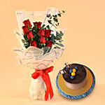 Hot Red Roses Bouquet with Chocolate Cake