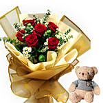 Red Roses Love Bunch With Teddy Bear