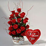 22 Red Roses In A Fish Bowl With I Love You Balloon For Valentines