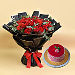 Joyful Red Bouquet With Cake For Valentines