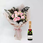 Titanic Rose Chamomile Bouquet With Mini Moet Champagne For Valentines
