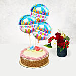 Box of Roses With Birthday Balloons and Cake
