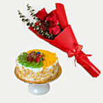 Fruit Cake With 3 Red Roses Bouquet