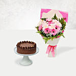 Pink Gerbera Bouquet & Chocolate Brownie Cake