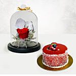 Red Forever Rose In Glass Dome With Mini Mousse Cake