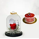 Red Forever Rose In Glass Dome With Mini Mousse Cake