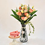 Delightful Mixed Flower Vase With Fairy Cake