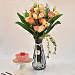 Delightful Mixed Flower Vase With Mousse Cake