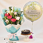 Mesmerizing Roses With Anniversary Balloon & Cake