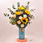 Captivating Sunflower and Roses In Cylindric Personalised Glass Vase