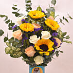 Captivating Sunflower and Roses In Cylindric Personalised Glass Vase