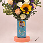 Captivating Sunflower and Roses In Cylindric Personalised Glass Vase