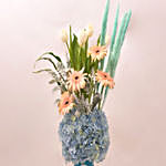 Luring Tulips With Hydrengea In Cylindrical Personlised Glass Vase