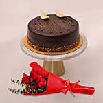 Chocolate Cake With 3 Red Roses Bouquet