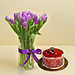 Purple Tulip Arrangement With Mini Cheesecake