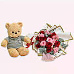 Red and Pink Roses Beauty Bouquet and Teddy