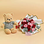 Red and Pink Roses Beauty Bouquet and Teddy