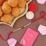 Sneh White and Red Bead Rakhi with Besan laddoo