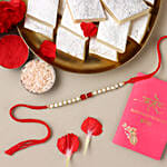 Sneh White and Red Bead Rakhi with Kaju Katli