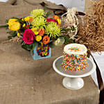 Estatic Birthday Flowers Vase and Cake Bundle